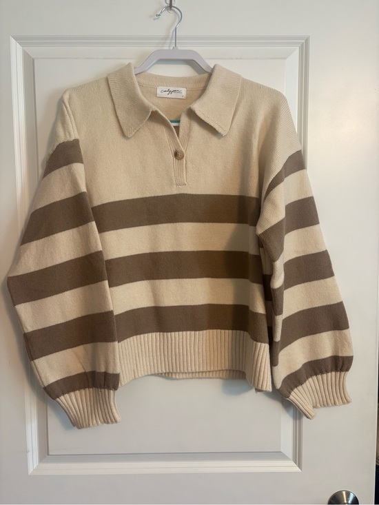 Carly Jean Los Angeles Sweaters - CJLA | Cream & Brown | Fall Stripe Collared Sweater | Classic Academia | Neutral